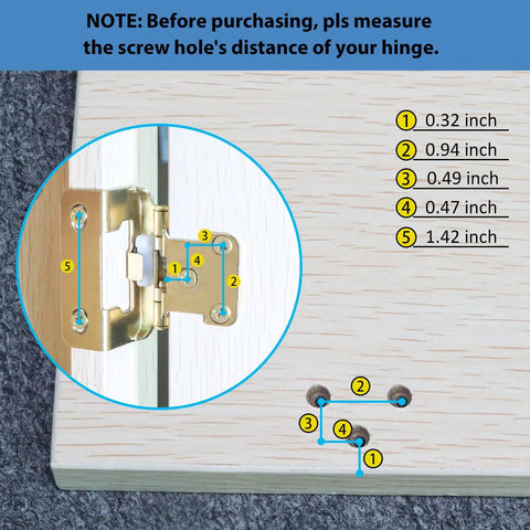 Diagram showing measurements for 50 Pack Of 25 Pairs One Half Inch Overlay Self Closing Cabinet Hinges in polished brass.