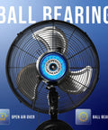 Close-up front view of 16 Inch Pro Series Oscillating Wall Mount Fan for Industrial and Commercial Use, highlighting ball bearing design.