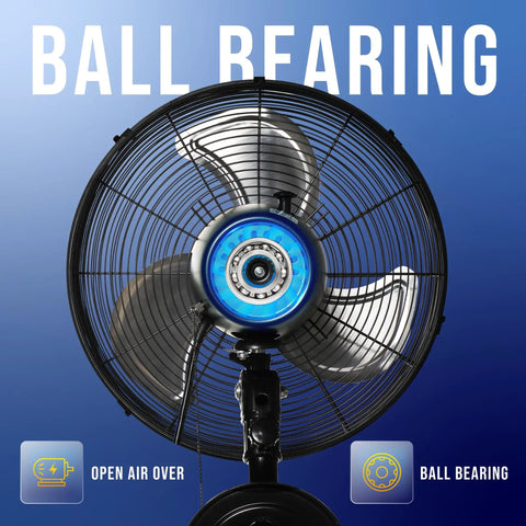 Close-up front view of 16 Inch Pro Series Oscillating Wall Mount Fan for Industrial and Commercial Use, highlighting ball bearing design.