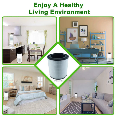 LV-H133 Replacement Filter Kit For Levoit Tower Air Purifier in various home settings, highlighting air purification benefits.