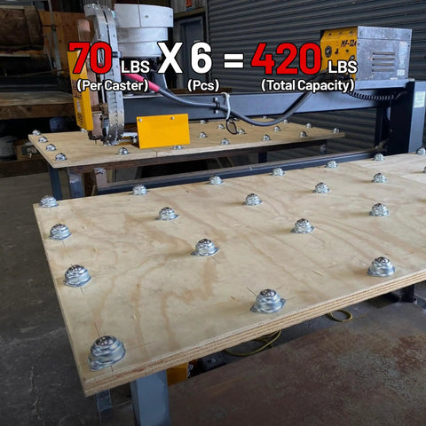 One Inch Roller Ball Bearing Casters Six Pack With Seventy Pound Capacity Each Durable Galvanized Steel Design for a mobile work surface.