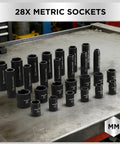28 metric sockets from Impact Socket Set For Auto Work, 50 Piece Six Point Drive Three Eighths Inch, SAE And Metric Sizes, Cr-V Steel.