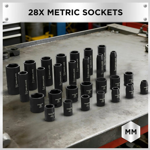 28 metric sockets from Impact Socket Set For Auto Work, 50 Piece Six Point Drive Three Eighths Inch, SAE And Metric Sizes, Cr-V Steel.