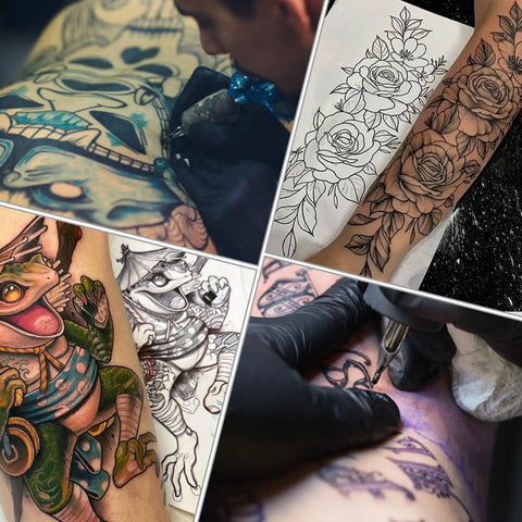 Tattoo Practice Skin Kit With Transfer Paper 66-Piece Set Including designs on practice skins and tattoo stencil applications.
