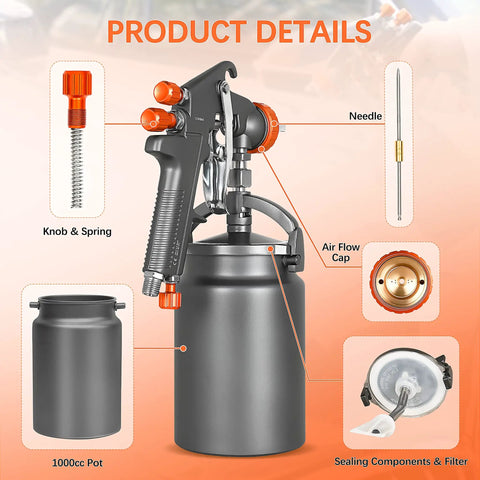 Heavy Duty Siphon Feed Air Spray Paint Gun With 1.8Mm Needle And 1000Cc Aluminum Pot, showcasing components like nozzle and pot.