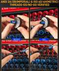 Nut and Bolt Thread Checker Kit, 66 pieces with blue SAE and red metric thread gauges for tight spaces