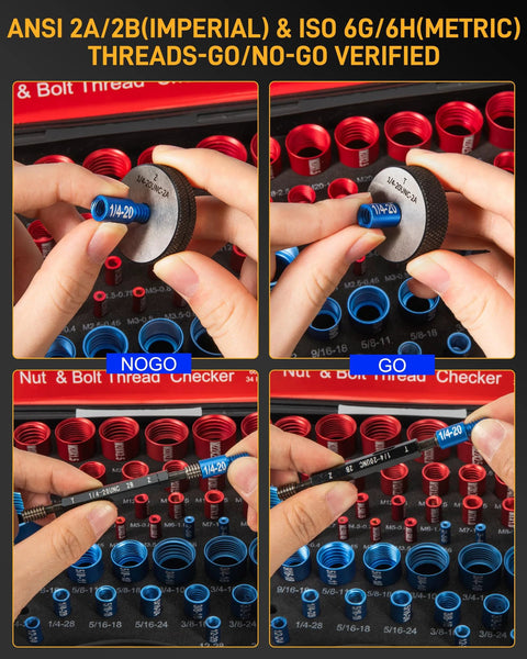 Nut and Bolt Thread Checker Kit, 66 pieces with blue SAE and red metric thread gauges for tight spaces