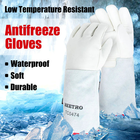 Heavy Duty Insulated Gloves For Dry Ice And Liquid Nitrogen Handling, 14 Inch, shown with icy background, waterproof
