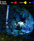 Ultra Bright Rechargeable Spotlight 2,000,000 Lumens LED Handheld Flashlight shines on trees with 3 color lenses displayed.