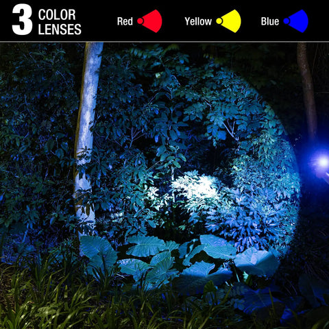 Ultra Bright Rechargeable Spotlight 2,000,000 Lumens LED Handheld Flashlight shines on trees with 3 color lenses displayed.