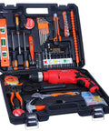 Powerhouse 650W Impact Drill With Keyless Chuck And 115 Piece Handyman Kit for Woodworking Concrete Drilling and Metal Jobs, toolkit case open showing tools.