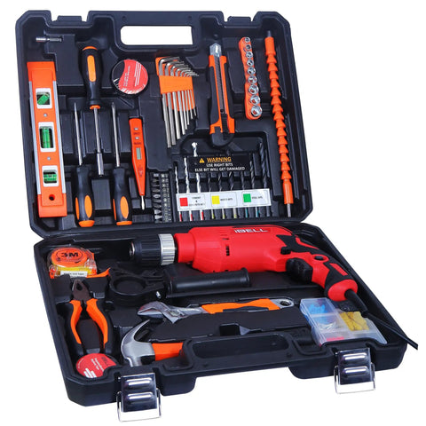 Powerhouse 650W Impact Drill With Keyless Chuck And 115 Piece Handyman Kit for Woodworking Concrete Drilling and Metal Jobs, toolkit case open showing tools.