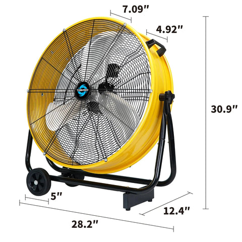 24 Inch Metal Drum Fan With High Velocity Airflow Up To 7700 CFM Three Speed Settings 360 Degree Tilt Heavy Duty Industrial Use