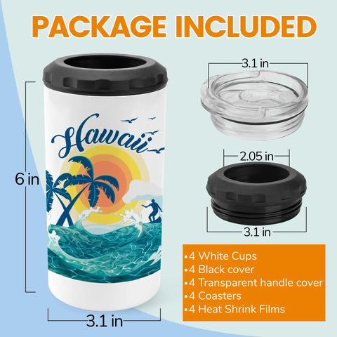 Premium 4 Pack 16 Oz Sublimation Beer Can Cooler Blanks Vacuum Insulated Stainless Steel Tumblers with Hawaiian design