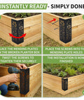 Installation steps for Beefy Wood Corner Brackets Set For Raised Garden Beds, showing metal brackets with screws securing wood corners.