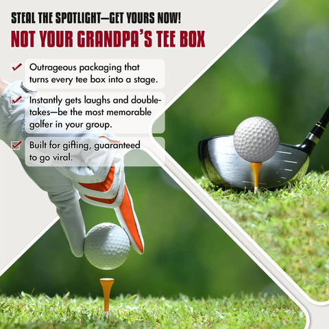 Viral Cigarette Box Style Golf Tees For Men Funny Novelty Golf Accessories Bamboo Tees displayed with golf club and ball