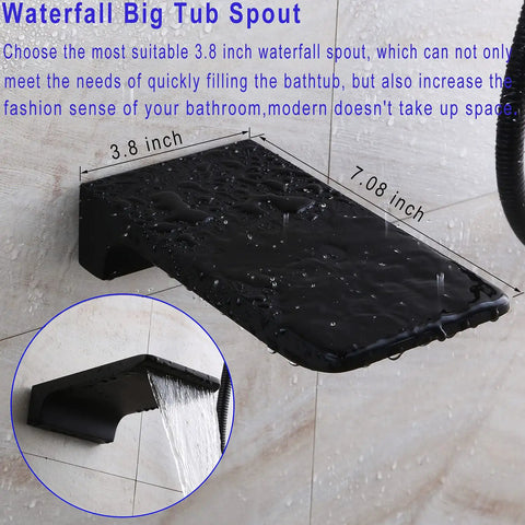 Dope Matte Black Wall Mounted Shower Faucet Set With 10 Inch Rain Shower Head, Waterfall Tub Spout in use, showcasing water flow