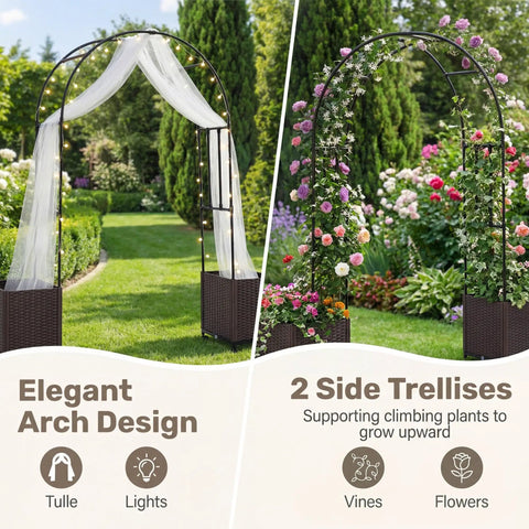 Metal Garden Arch Trellis Arbor With Two Self Watering Planter Boxes showcasing elegant arch design with climbing vines and flowers.