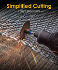 Side view of a rotary tool with cutting wheel; sparks fly on metal surface, part of a 44-piece wheel set.