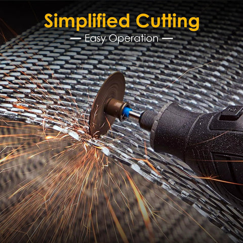 Side view of a rotary tool with cutting wheel; sparks fly on metal surface, part of a 44-piece wheel set.