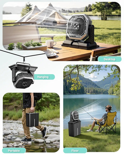 Beast Battery Rechargeable Misting Fan For Weekend Camping And Outdoors With 24000mAh Capacity shown in various settings: tabletop, hanging, portable, and by a lakeside