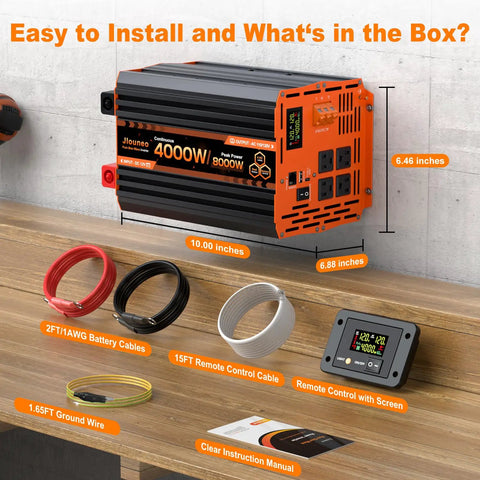 Heavy Duty 4000 Watt Pure Sine Wave Inverter Converts 12V DC To 110V AC For Rv Camper Power with 8000 peak output and cables.