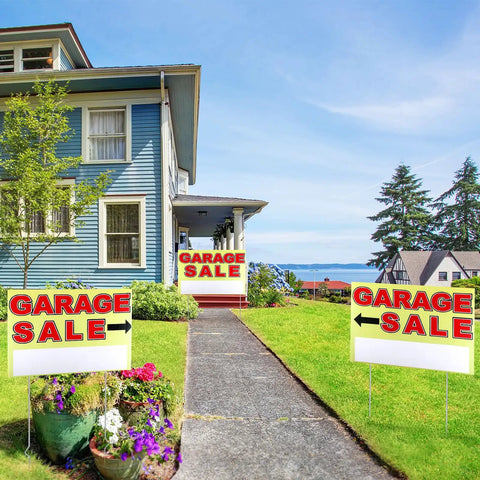 Three Piece Extra Large Garage Sale Sign Kit With Stakes, 24 By 16 Inches, Yard Sale Advertising Signs For Multiple Locations, Bold Readable Design, Weather Resistant, Perfect For Big Weekend Outdoor Garage Sale, shown in yard