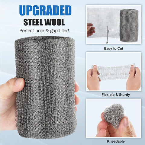 Flexible Stainless Steel Wool Roll For Gap Blocking 5 Inch By 30 Foot, shown cut, stretched, and kneaded