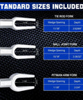 Pro Grade Ball Joint Separator And Tie Rod Tool Set with standard sizes for tie rod, ball joint, pitman arm forks, forged steel.