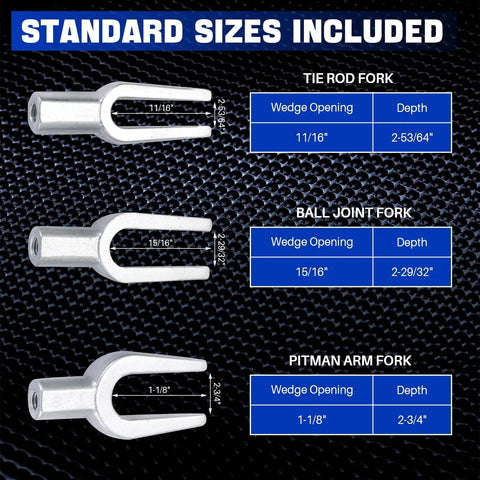 Pro Grade Ball Joint Separator And Tie Rod Tool Set with standard sizes for tie rod, ball joint, pitman arm forks, forged steel.