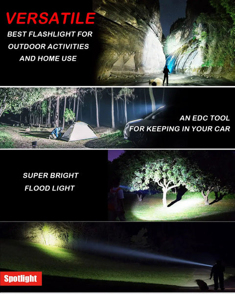 Collage showing 6000 Lumen Rechargeable Waterproof Flashlight With P50 LED used in various outdoor settings at night.