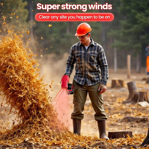 Man using Kickin Power Cordless Leaf Blower With 560 CFM Ultra Lightweight for yard cleanup, leaves flying, wearing safety gear.