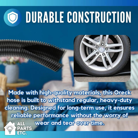 Replacement 5 Foot Hose For Oreck XL Canister Vacuums - flexible black hose beside car tire, durable construction
