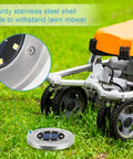 16 Pack Solar Ground Lights Waterproof Outdoor Landscape Pathway Lights with upgraded aluminum build next to a lawn mower.