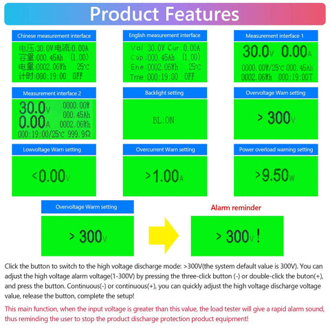 Beefy Electronic Load Tester USB Power Test Rig 150W 200V 20A interface and warning settings screen