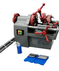 Built Tough Electric Pipe Threader Machine For 1/2 To 3 Inch Steel Tubing Auto Die Head Clean Cutting Threading And Trimming Smooth Operator With Npt Compatibility, featuring red handles and grease can.