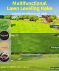 Infographic showing Pro Grade Lawn Leveling Rake suitable for farm, topsoil, sand, fertilizer, and different outdoor areas.