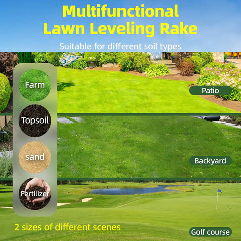 Infographic showing Pro Grade Lawn Leveling Rake suitable for farm, topsoil, sand, fertilizer, and different outdoor areas.