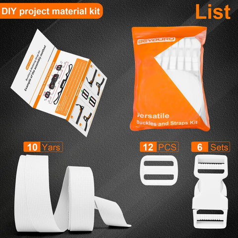 1 Inch White Polyester Webbing Strap Kit With 10 Yards, Six Dual Adjustable Side Release Buckles, Twelve Tri Glide Clips For DIY Projects