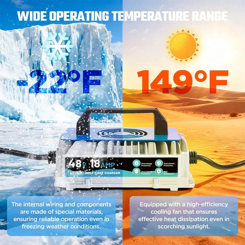 58.4V 18A 1250W LiFePO4 Battery Charger for extreme temperatures, illustrating use from -22°F to 149°F with ice and desert images