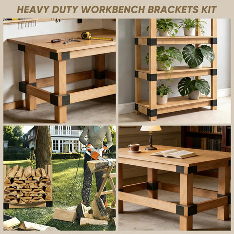 Heavy Duty Workbench Bracket Kit 4 Pack With 3-Way Right Angle Corner Brackets For 4x4 And 2x4 Wood shown in various setups