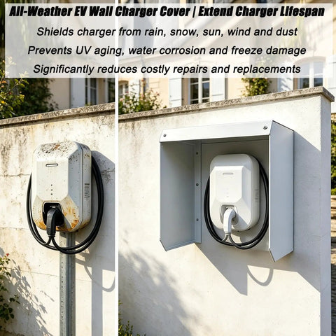 Heavy Duty Universal EV Charger Cover Built Like A Tank With Flip Up Lid weatherproof wall mount image protecting charger outdoor.