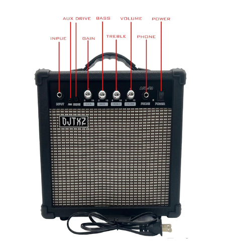 20W Electric Guitar Practice Amp With EQ Controls, Portable Orange Black Finish, Gain Bass Treble And Volume Knobs, Compact Durable Home Practice Amp For Small Gigs front view with knob labels