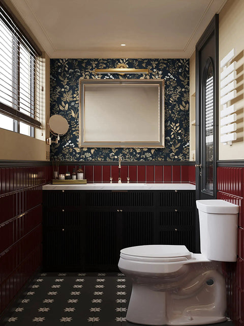 Bathroom wall featuring Black And Gold Delicate Floral Peel And Stick Wallpaper 236x16.1 Inches Waterproof Vinyl Self Adhesive