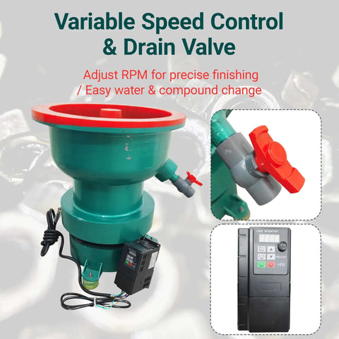 40L Vibratory Finishing Machine With Variable Frequency Drive And 550W Copper Motor Pro Grade Polyurethane Lined Tumbler shown with control panel and drain valve for metal deburring chamfering and finishing 220V