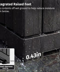 Close-up of black 31 Gallon Outdoor Storage Box Waterproof UV Resistant Resin Bin showing raised feet design for moisture reduction.