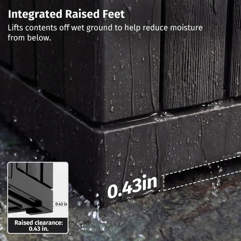 Close-up of black 31 Gallon Outdoor Storage Box Waterproof UV Resistant Resin Bin showing raised feet design for moisture reduction.