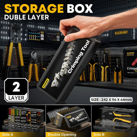 Waterproof Automotive Electrical Connectors Crimping Tool Kit Heavy Duty storage box with hand holding, on tool wall.