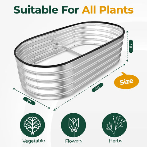 Galvanized Raised Garden Bed Kit 4x2x1ft, silver metal planter box suitable for vegetables, fruits, herbs, and flowers.