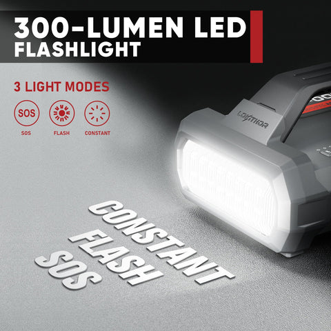 Beast 1500A Jump Starter With Air Compressor featuring 300-lumen LED flashlight with SOS, flash, constant modes.